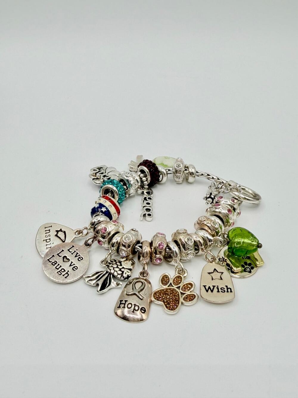 DaVinci Silver Tone Loaded Charm Bracelet Rhinestone Beads Dog Hope Wish